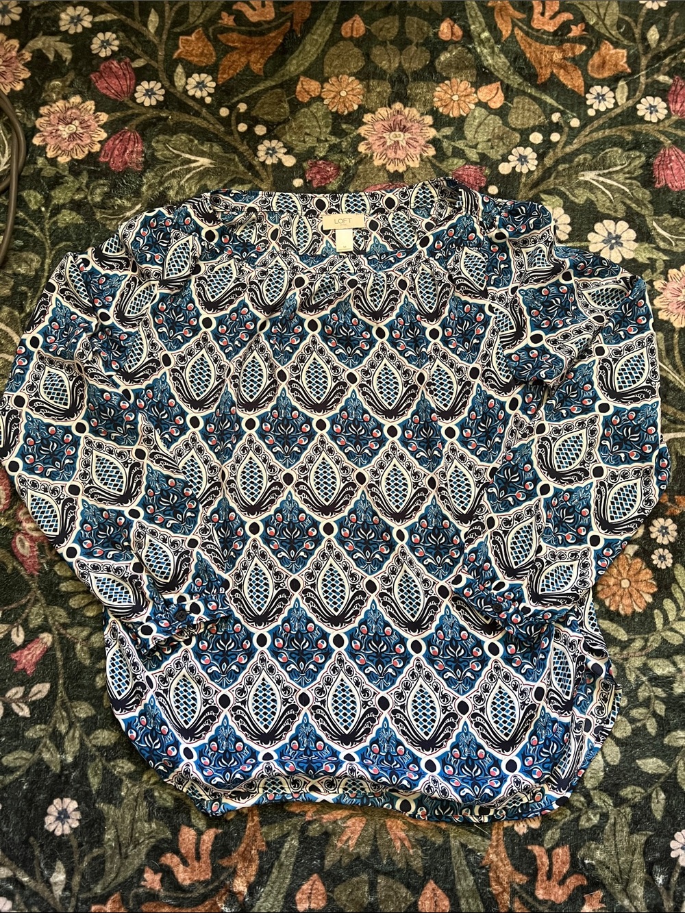 LOFT Navy and White Geometric-Leaf Print Blouse